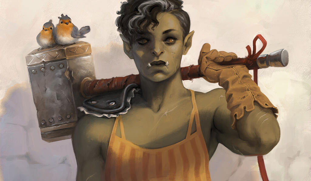 fantasy illustration bust up of an orc woman holding a huge warhammer accross her shoulders with two lil robbins perched on top